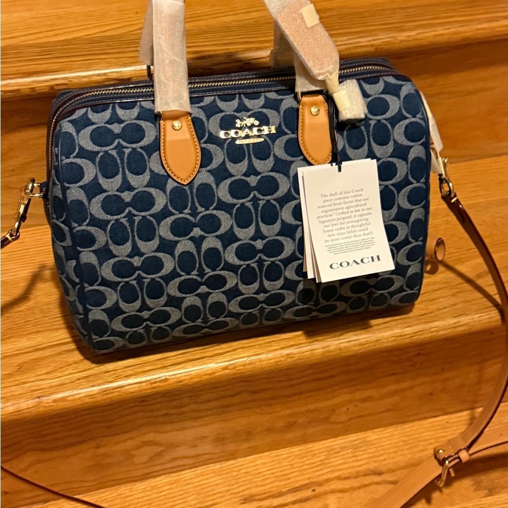 Coach Blue and Tan Satchel with Signature Monogram